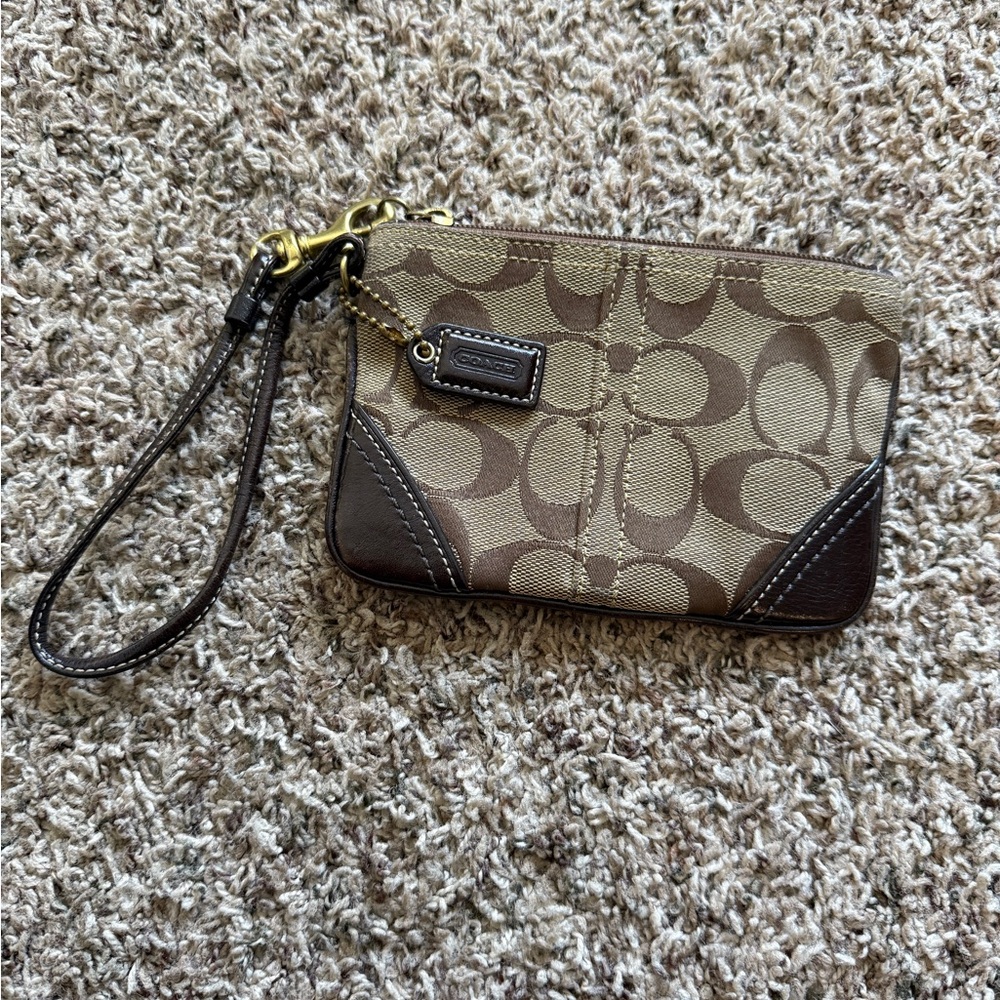 Coach Tan and Brown Signature Wristlet
